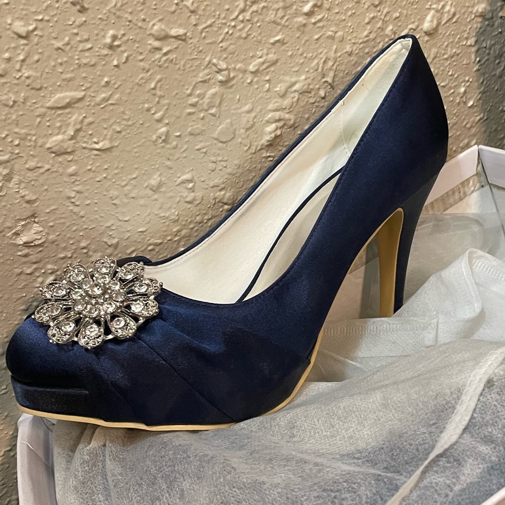 Navy blue satin heels with crystal embellishment